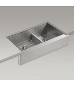 Picture of   Vault™ 35-1/2" x 21-1/4" x 9-5/16" under-mount Smart Divide® large/medium double-bowl kitchen sink, stainless steel with shortened apron-front for 36" cabinet - K-3945